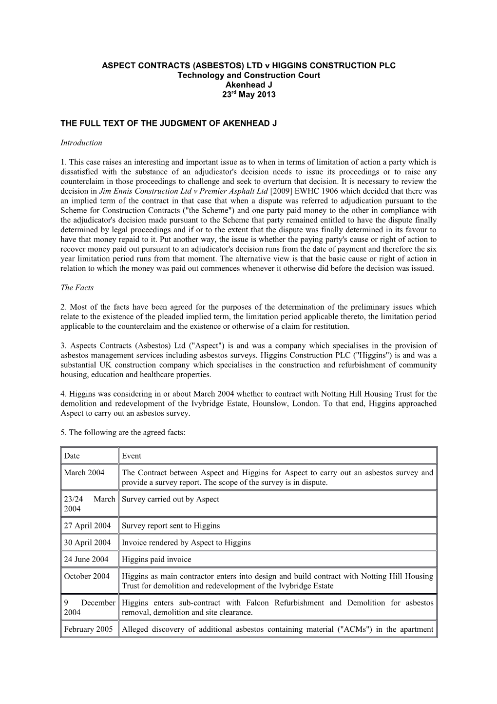 ASPECT CONTRACTS (ASBESTOS) LTD V HIGGINS CONSTRUCTION PLC