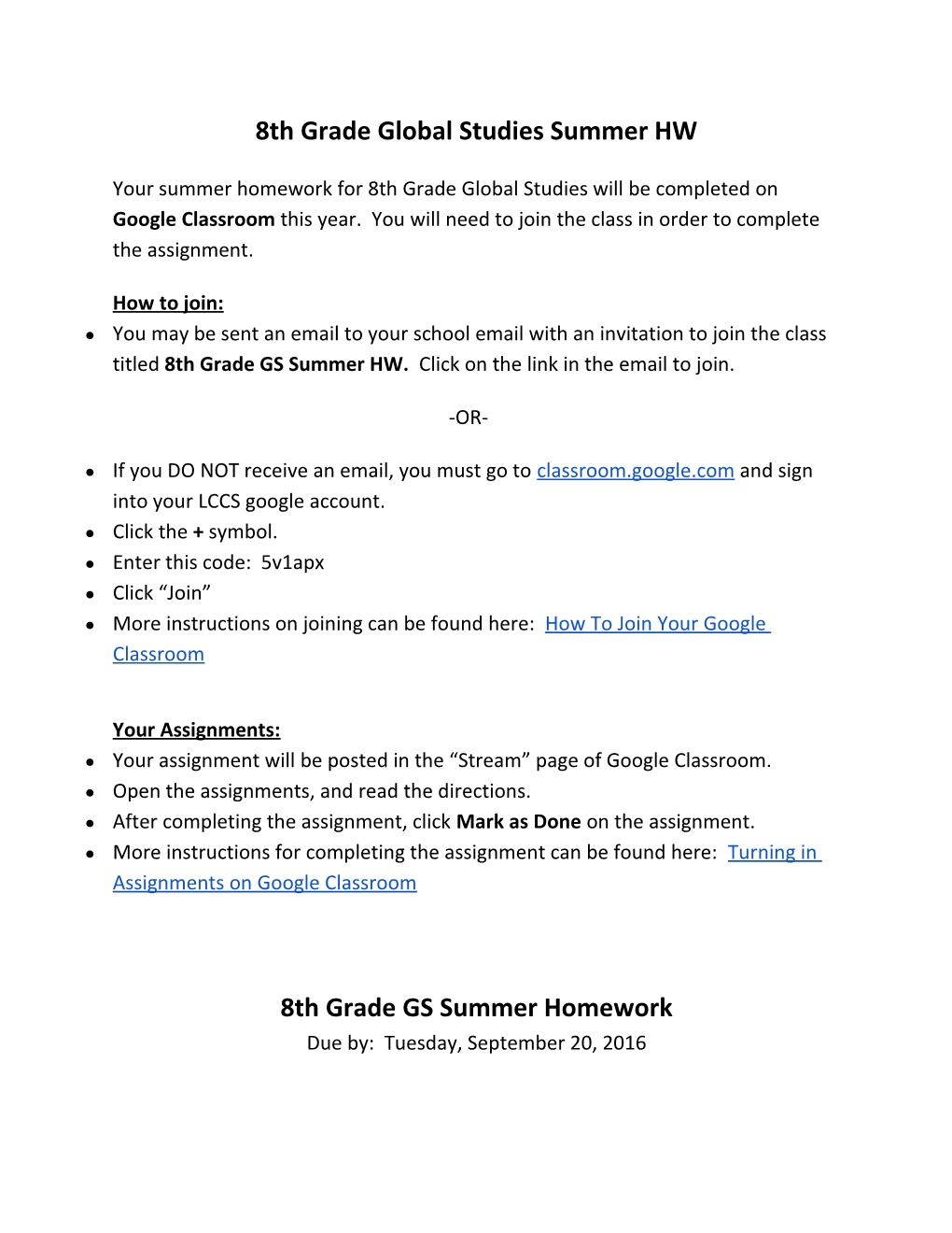 8Th Grade Global Studies Summer HW