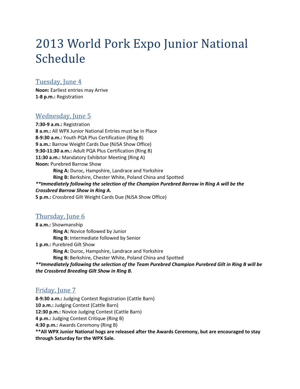 2013 World Pork Expo Junior National Schedule