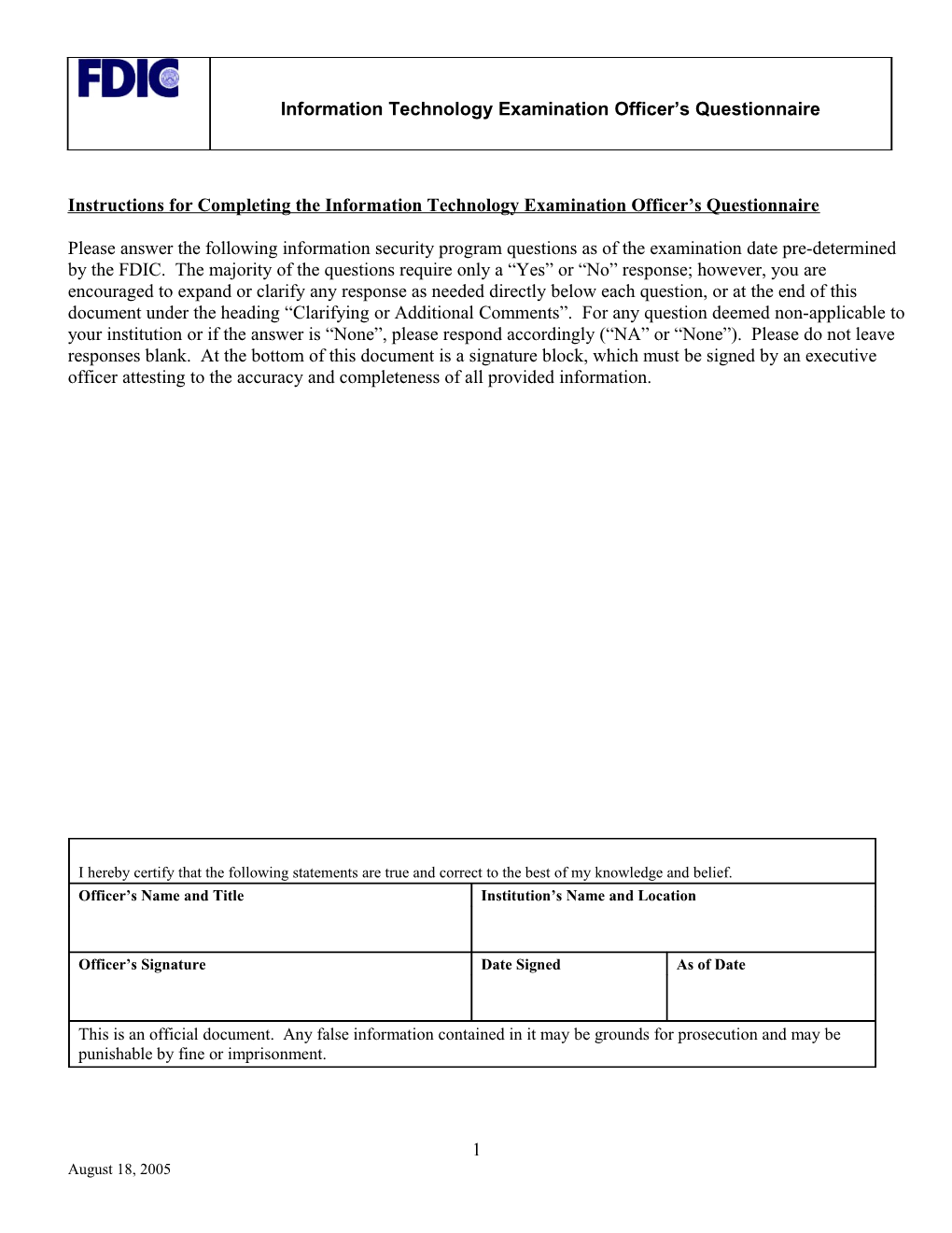 Instructions for Completing the Information Technology Examination Officer S Questionnaire