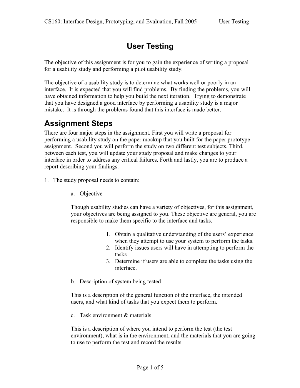 CS160: Interface Design, Prototyping, and Evaluation, Fall 2005 User Testing
