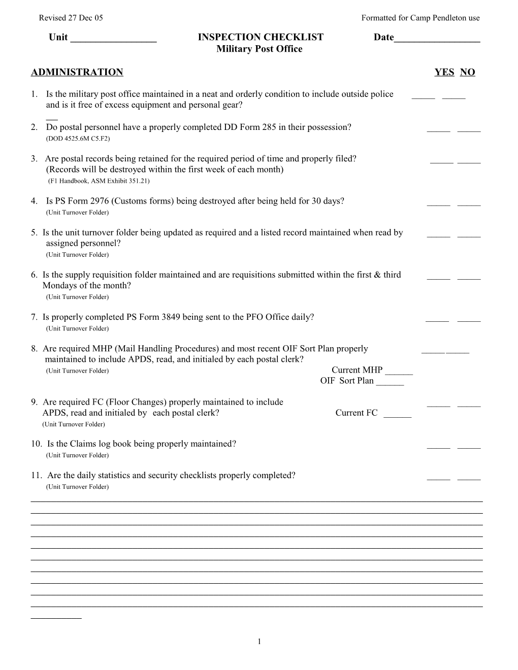 Finance Unit# Inspection Checklist