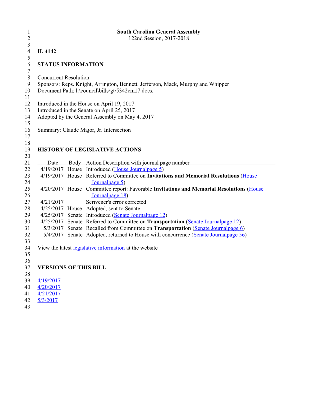 2017-2018 Bill 4142: Claude Major, Jr. Intersection - South Carolina Legislature Online