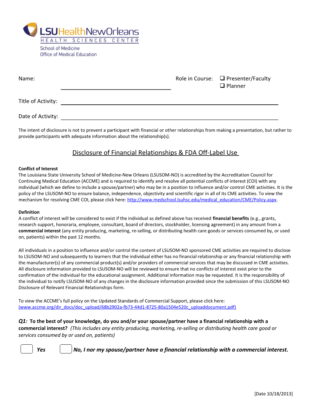 Disclosure of Financial Relationships & FDA Off-Label Use