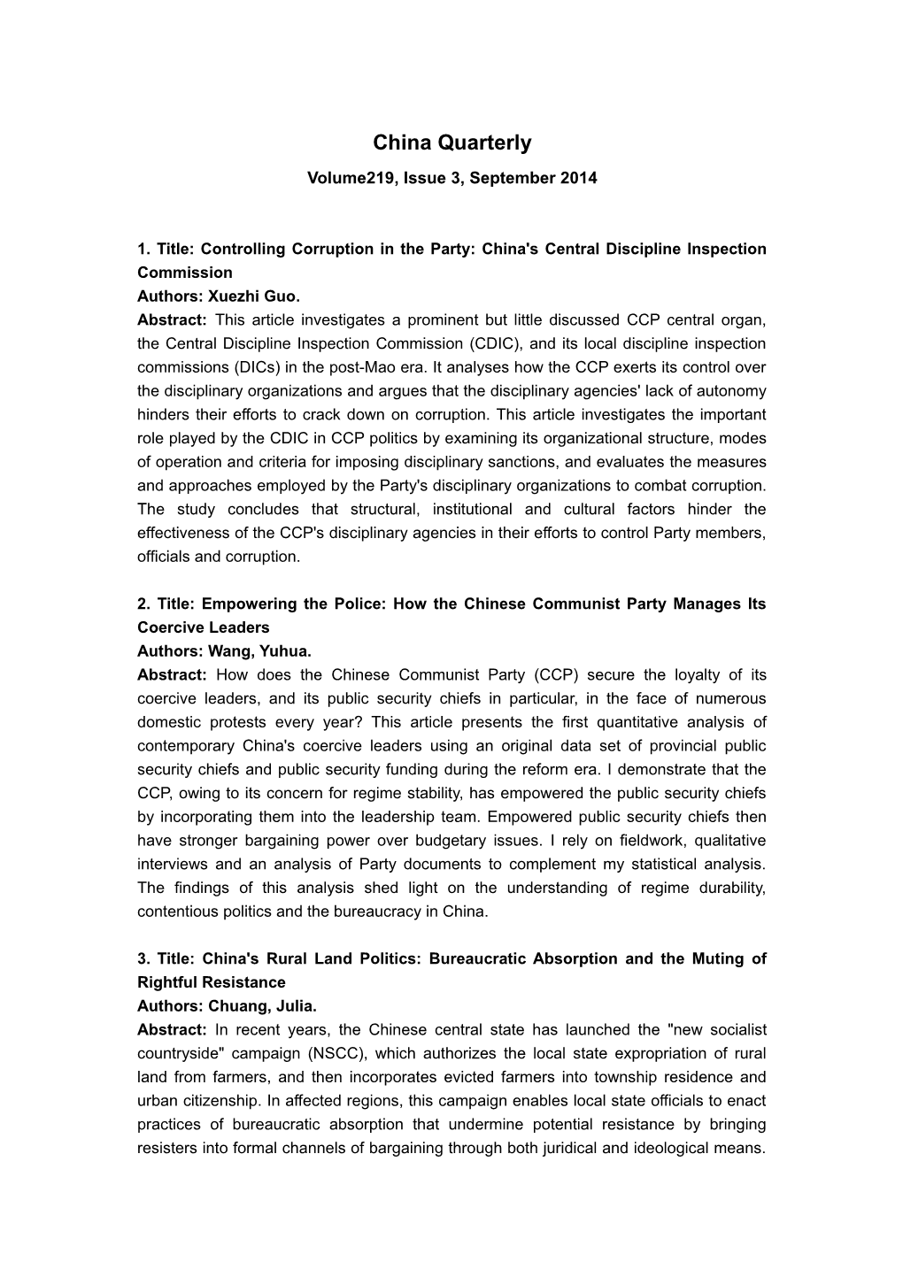 1. Title: Controlling Corruption in the Party: China's Central Discipline Inspection Commission