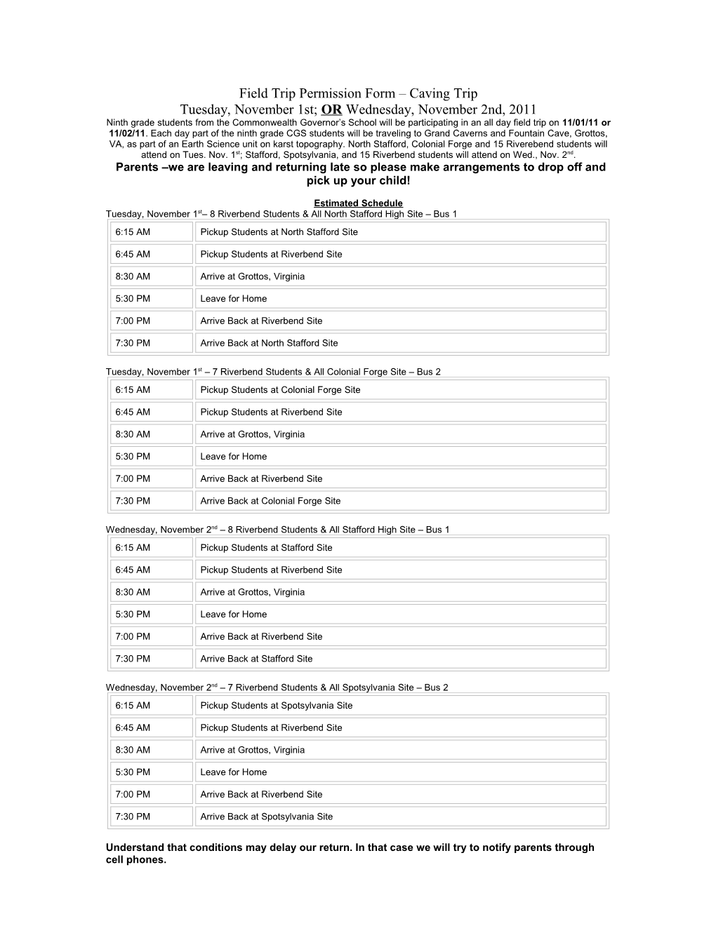 Field Trip Permission Form Caving Trip