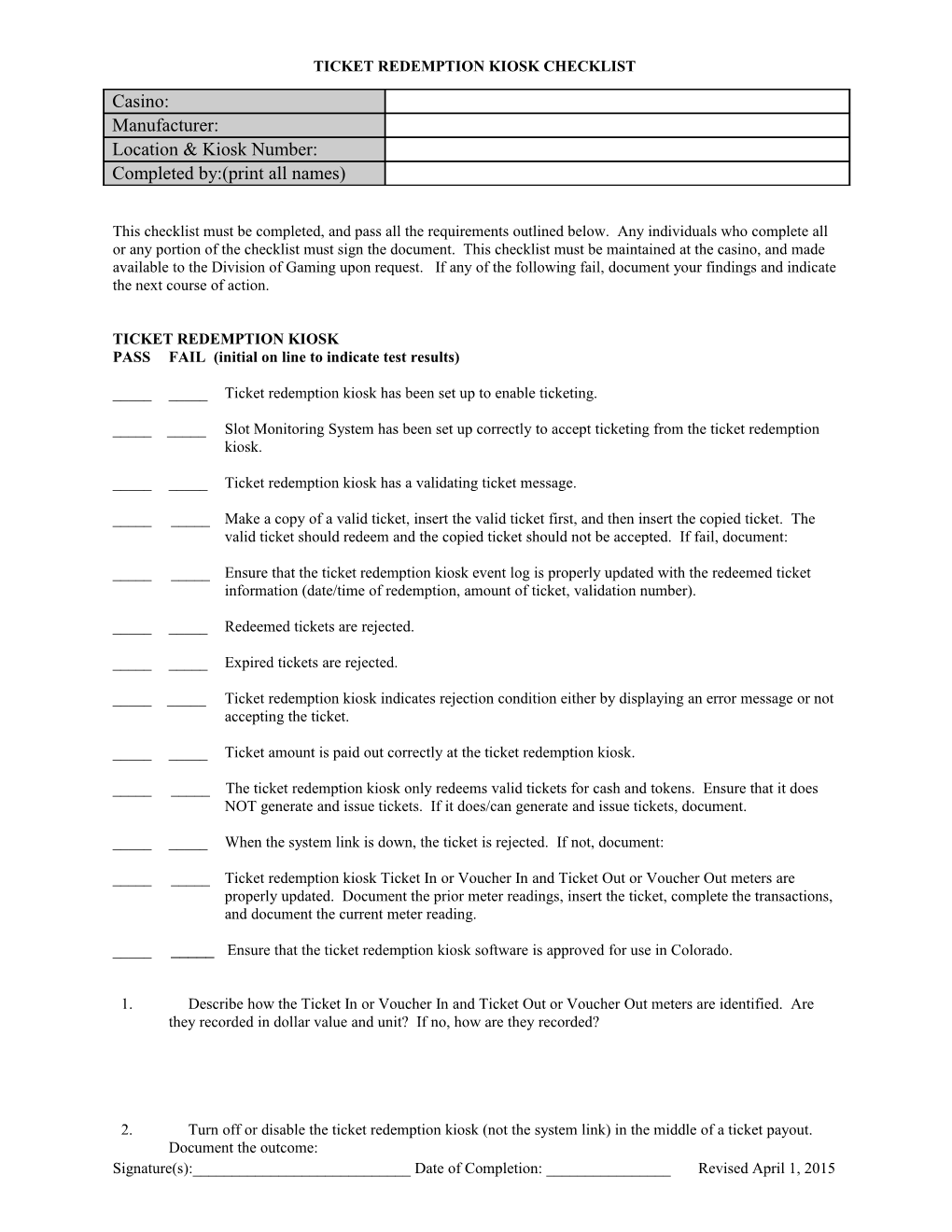 Tito Field Trial Checklist