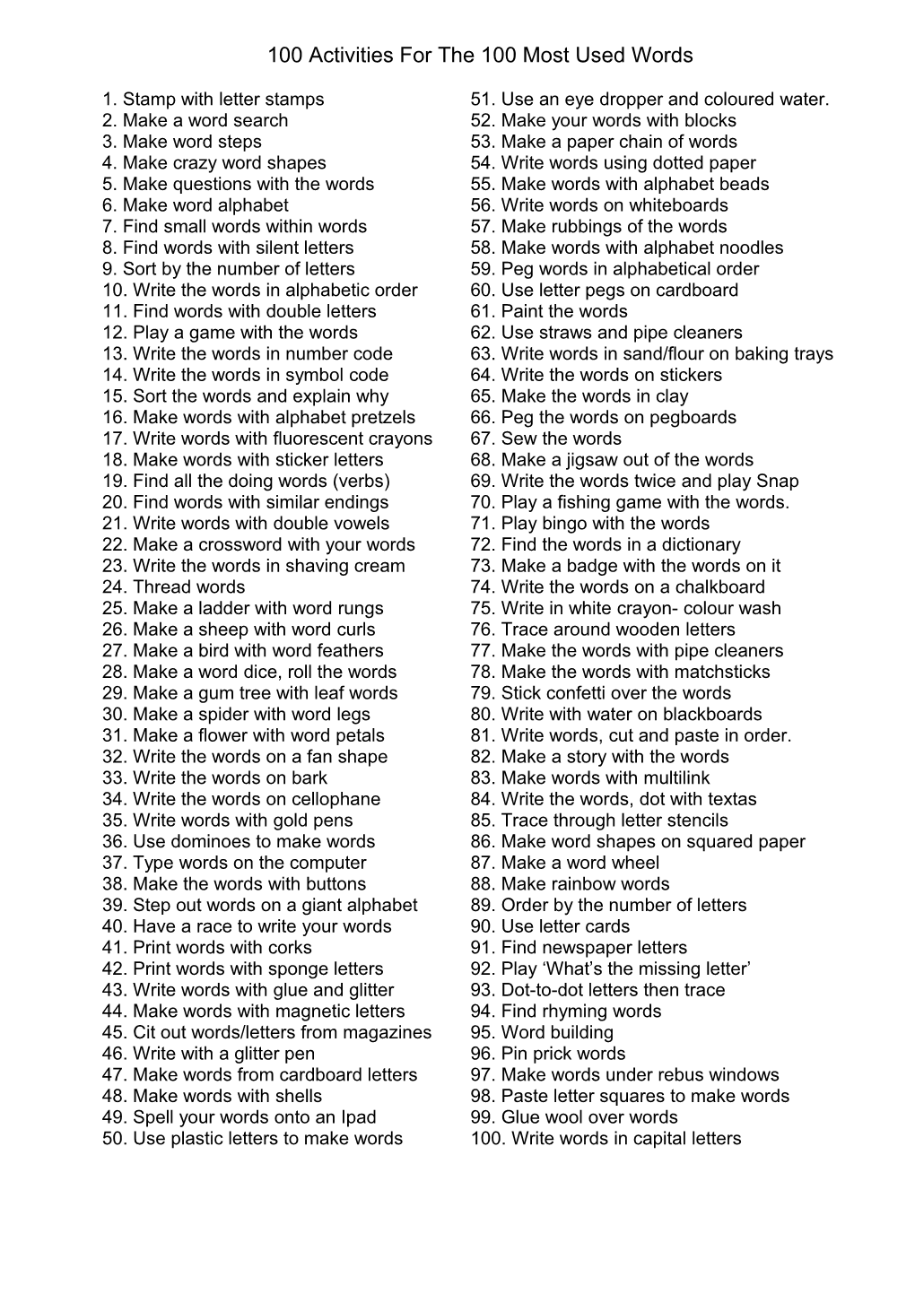 100 Activities for the 100 Most Used Words