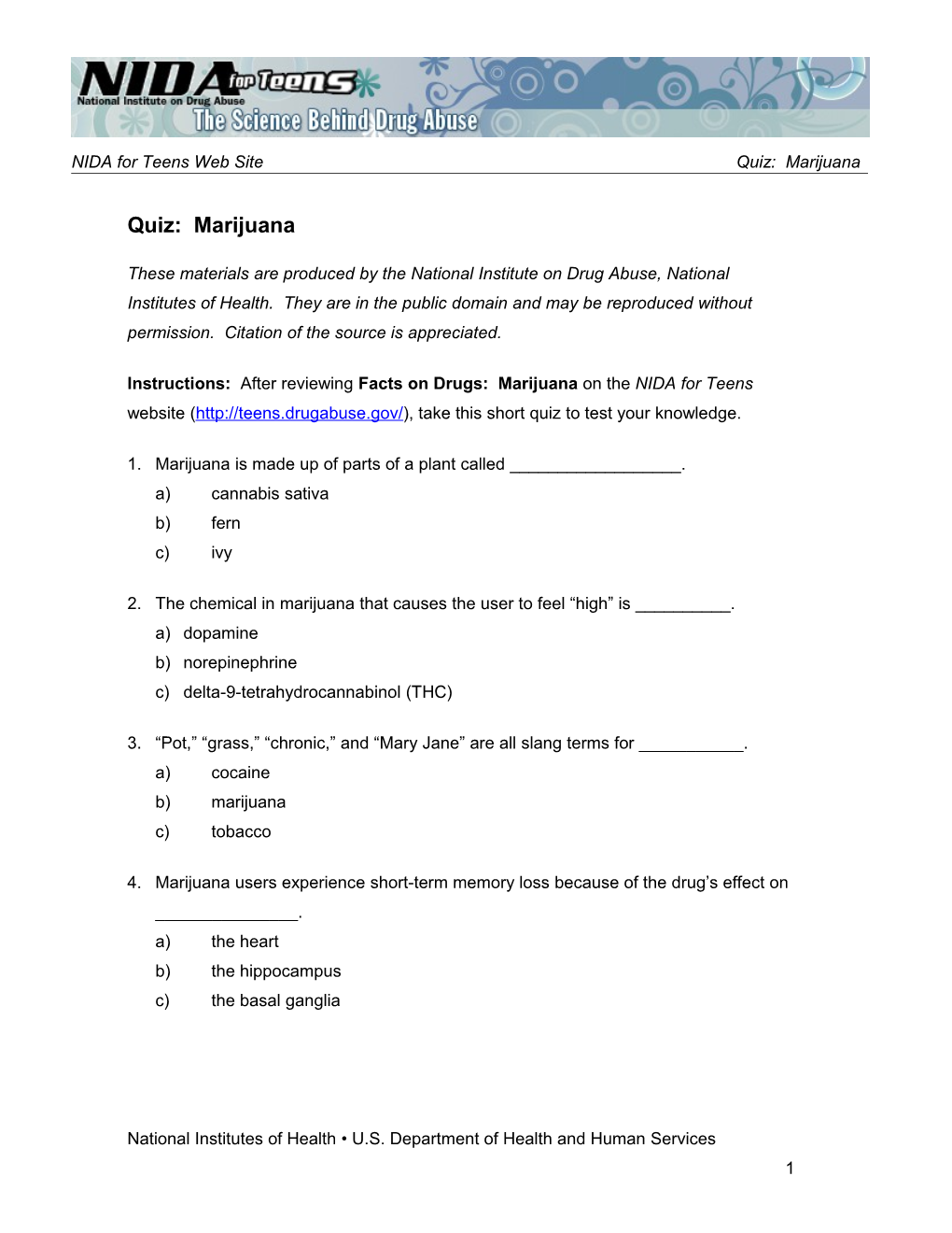 NIDA for Teens, Marijuana Quiz