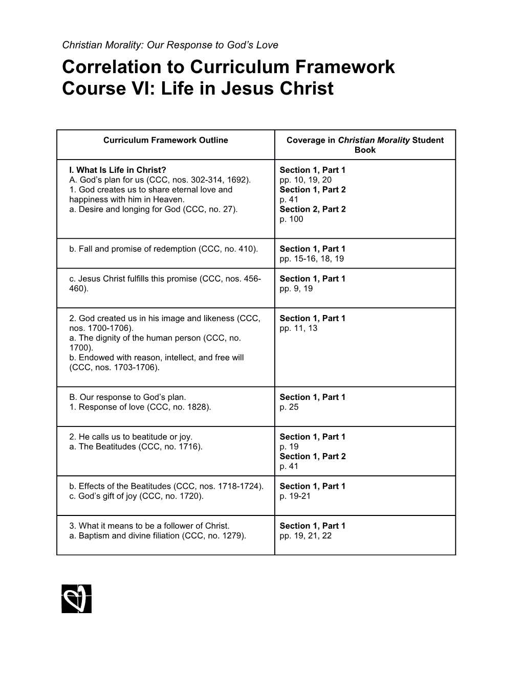 Correlation to Curriculum Framework Course VI: Life in Jesus Christ