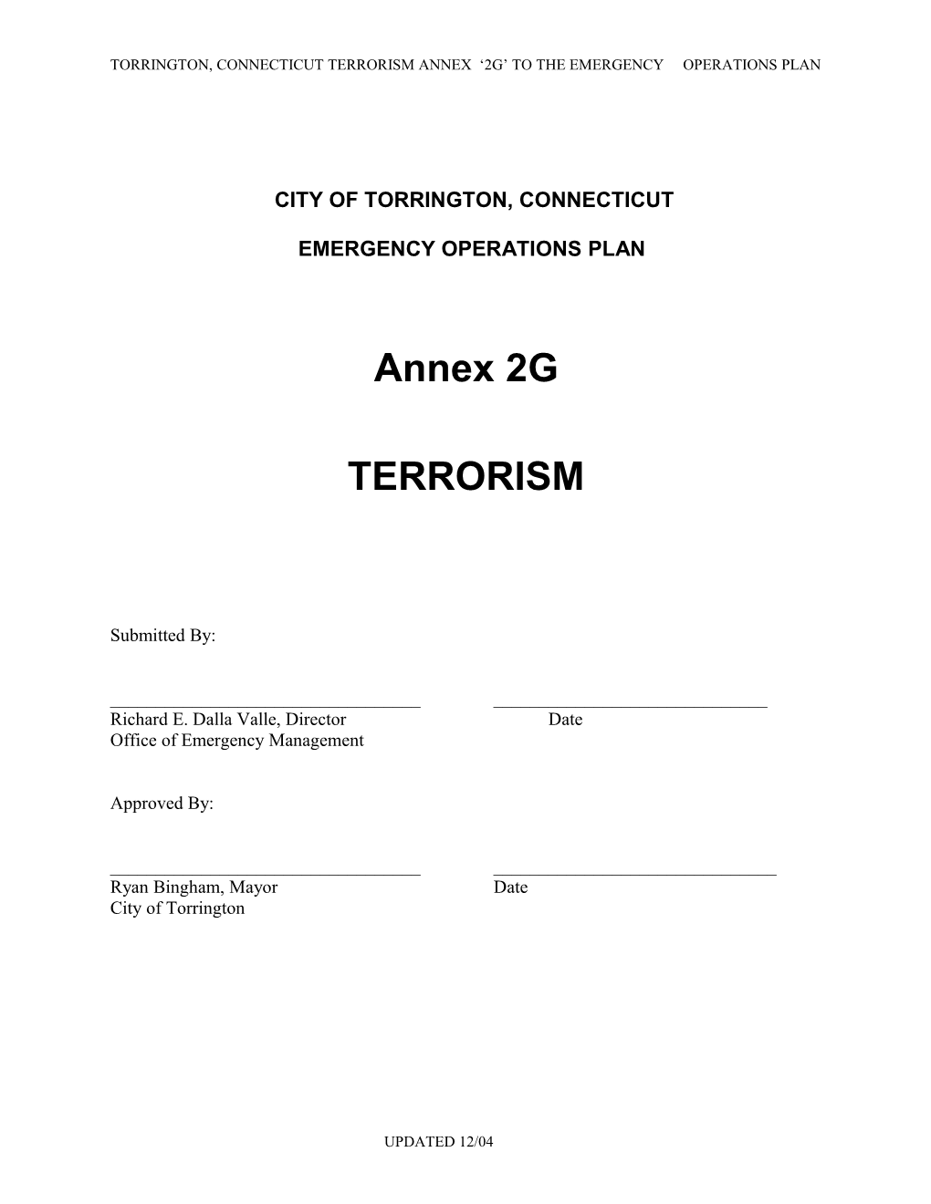 Torrington, Connecticut Terrorism Annex 2G to the Emergency Operations Plan