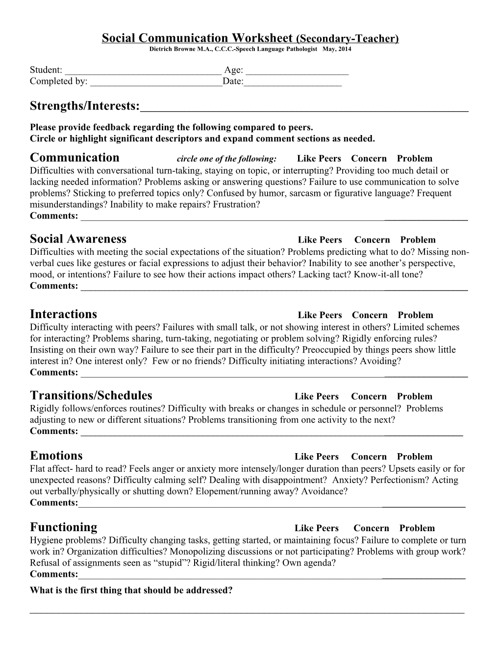 Social Communication Worksheet(Secondary-Teacher)