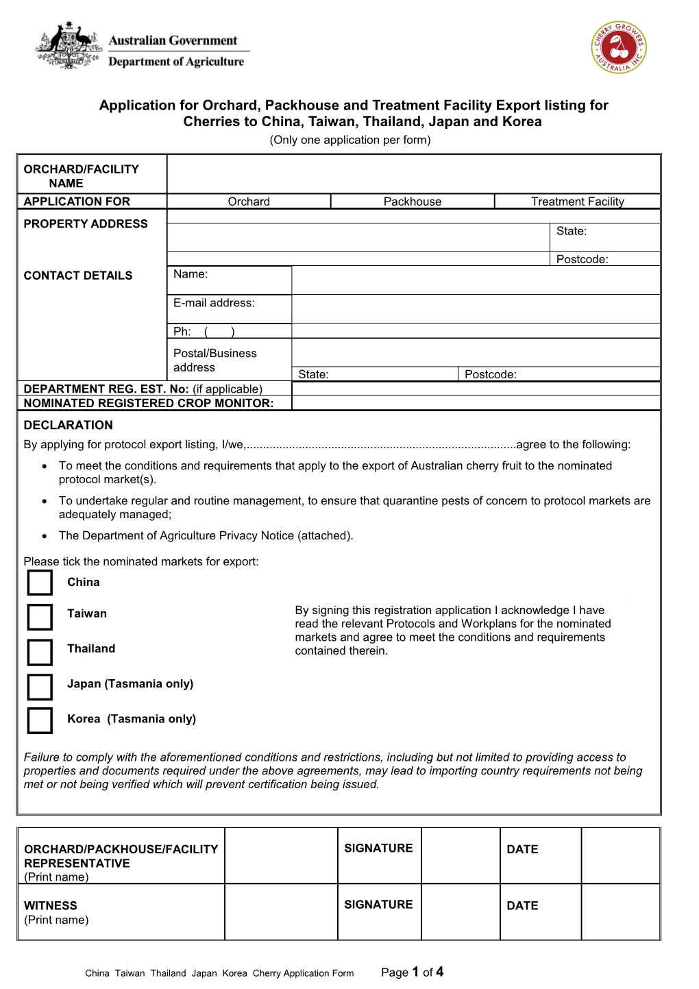 Aapplication for Orchard,Packhouse and Treatment Facility Exportlistingforcherries to China