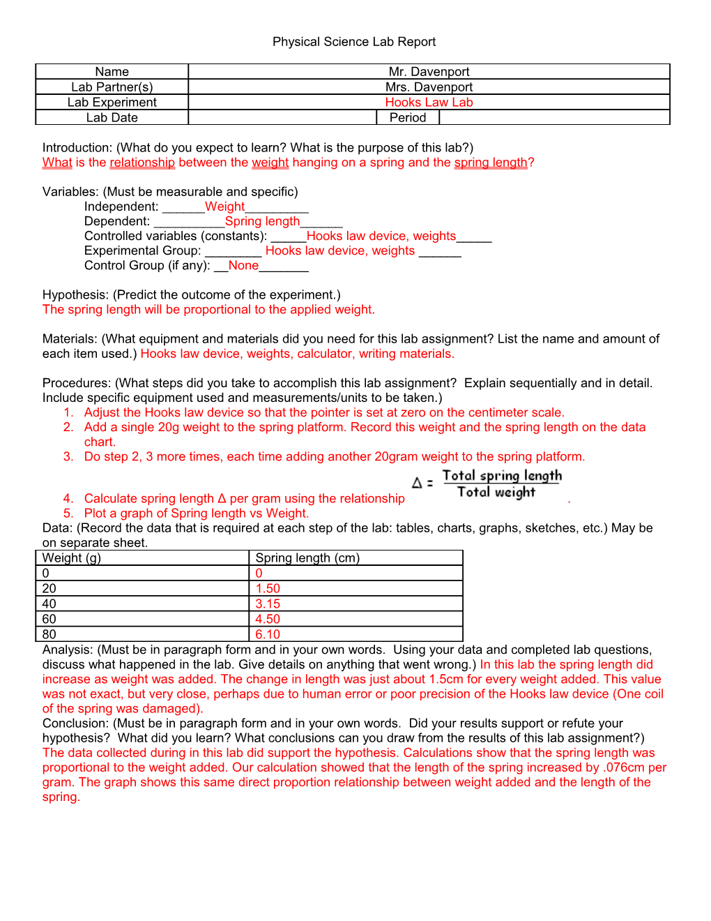 Physical Science Honors Lab Report