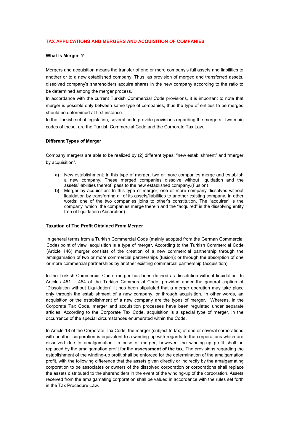 Tax Applications and Mergers and Acquisition of Companies