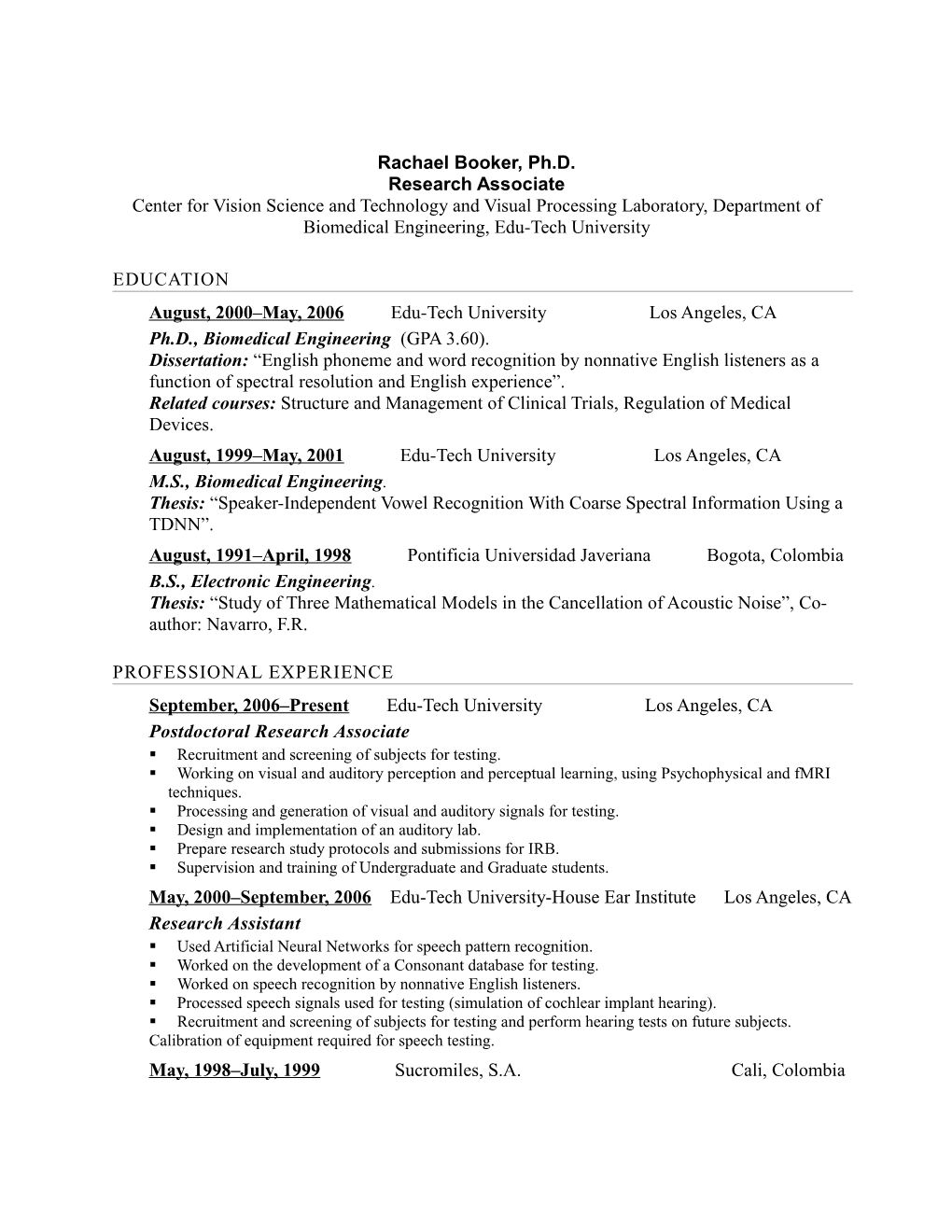 Biomedical Engineering PHD CV Example