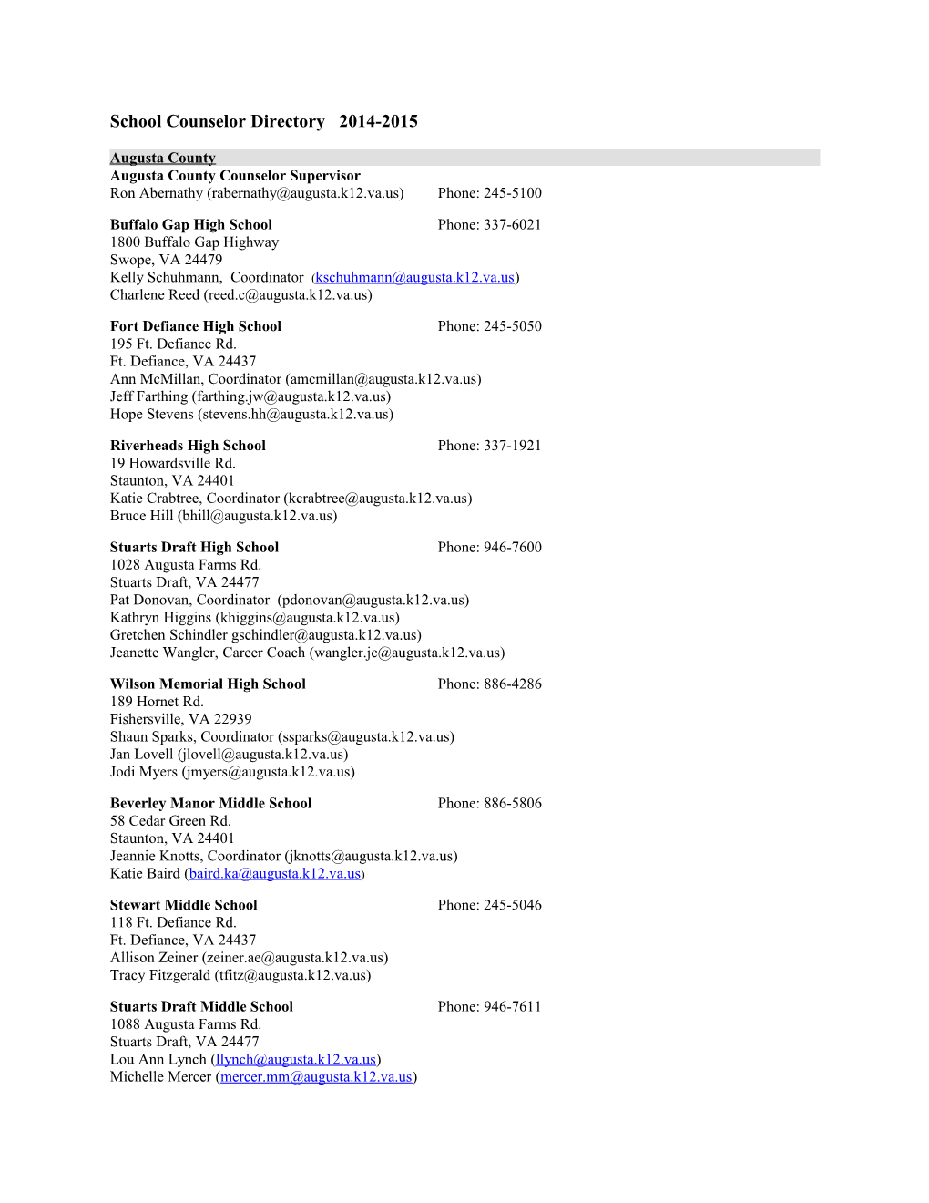 School Counselor Directory 2014-2015