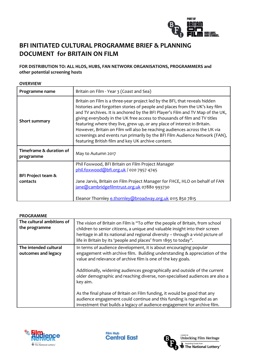 BFI INITIATED CULTURAL PROGRAMME BRIEF & PLANNING DOCUMENT for BRITAIN on FILM