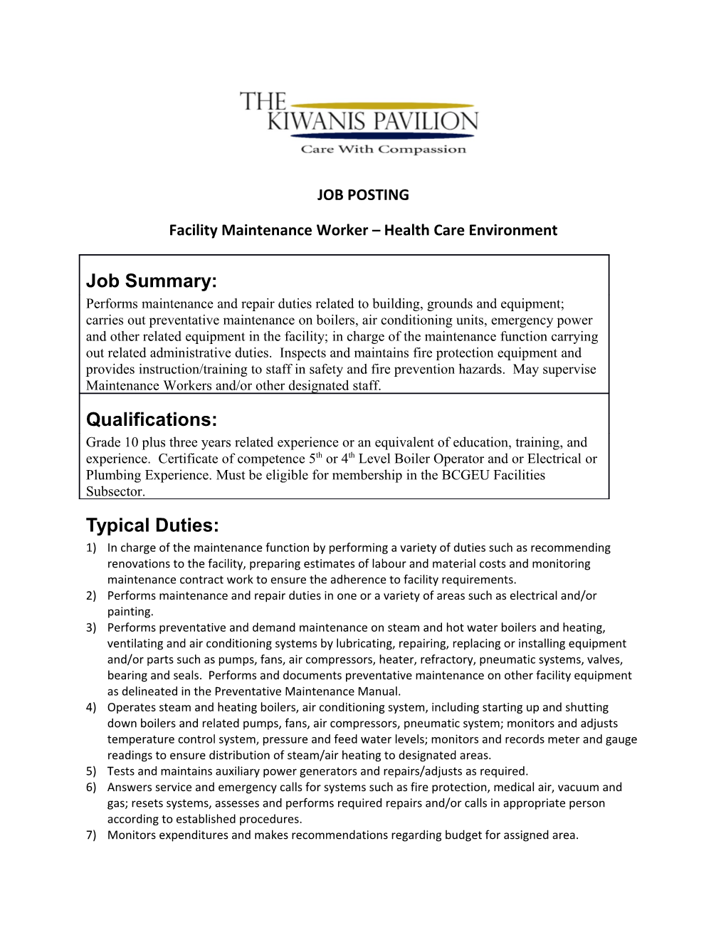 Facility Maintenance Worker Health Care Environment