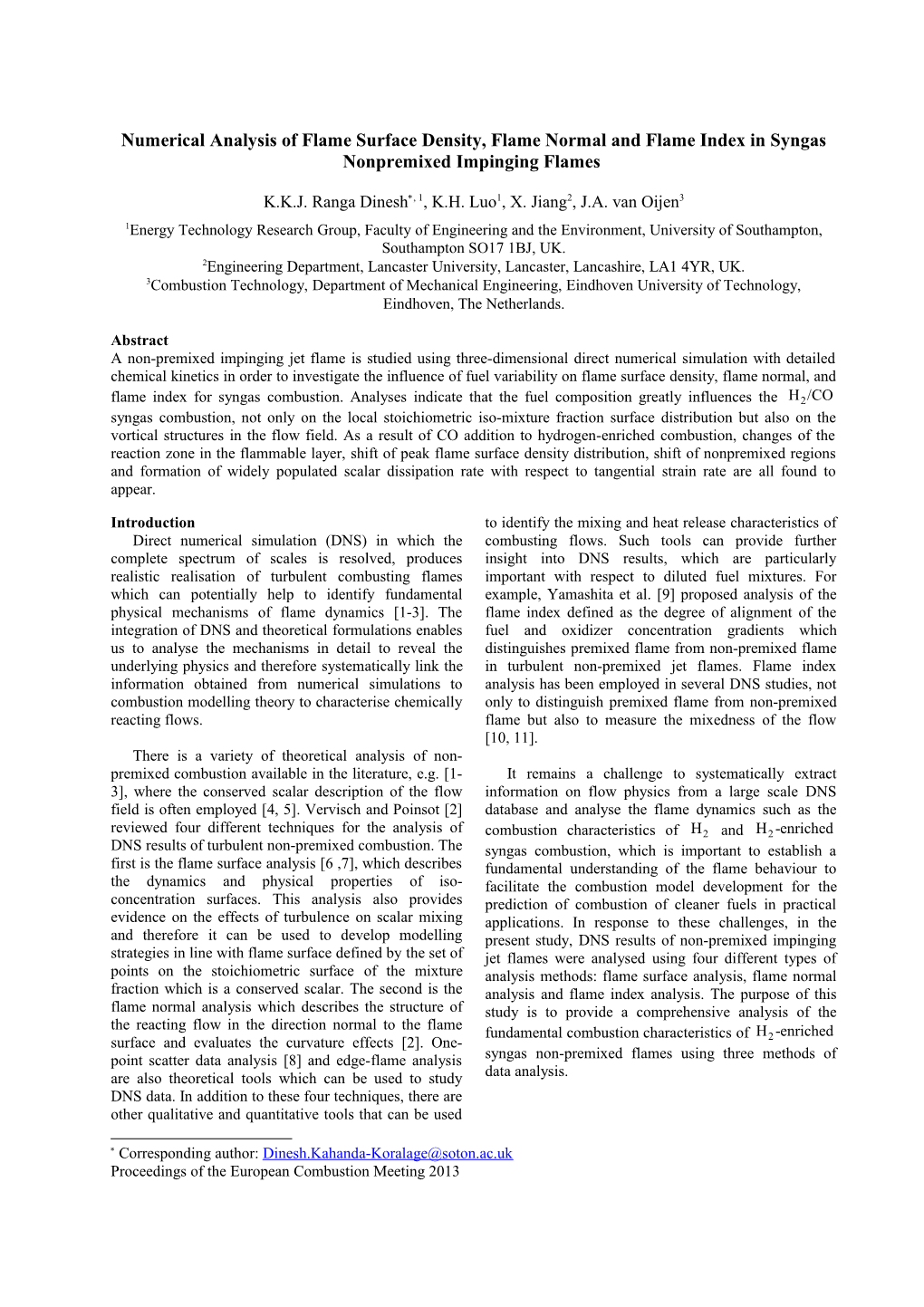 Papers for the European Combustion Meeting 2003