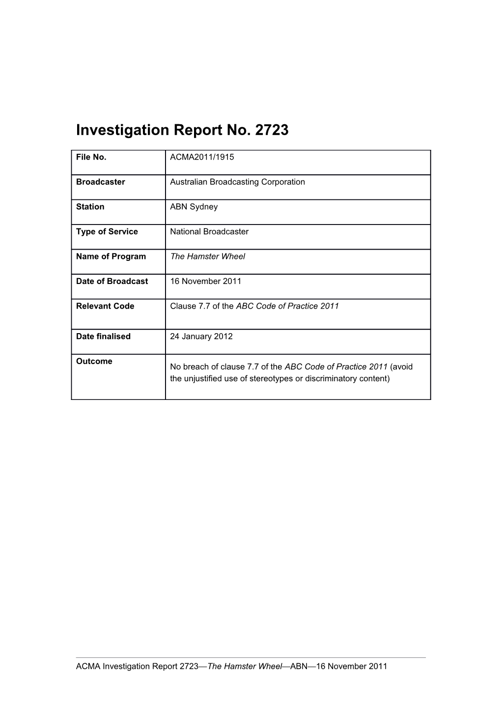 ABC (ABN Sydney) - ACMA Investigation Report 2723
