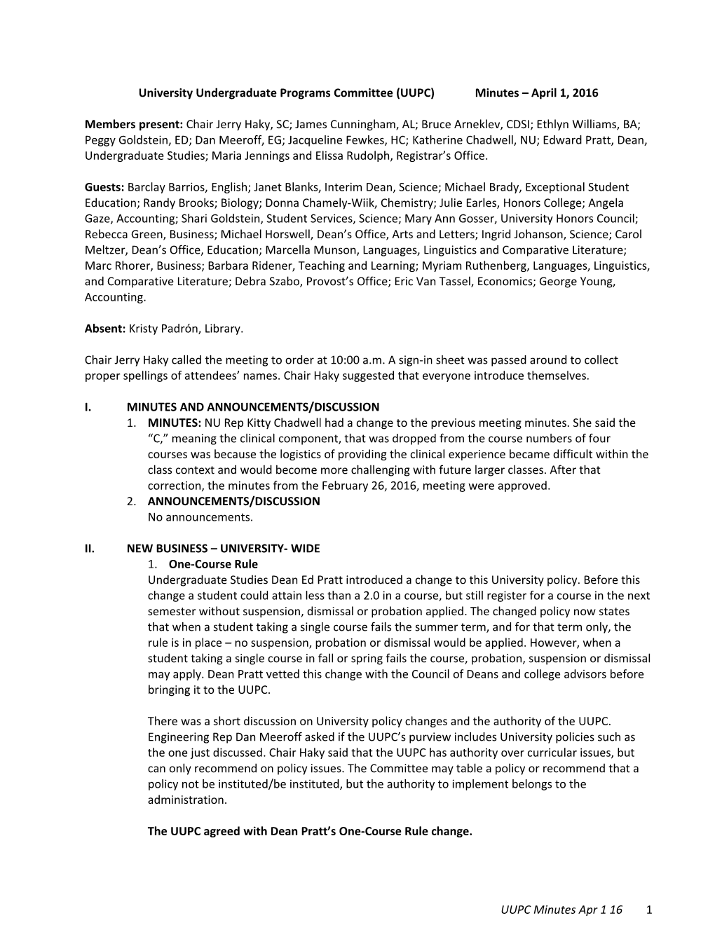 University Undergraduate Programs Committee (UUPC)Minutes April 1, 2016