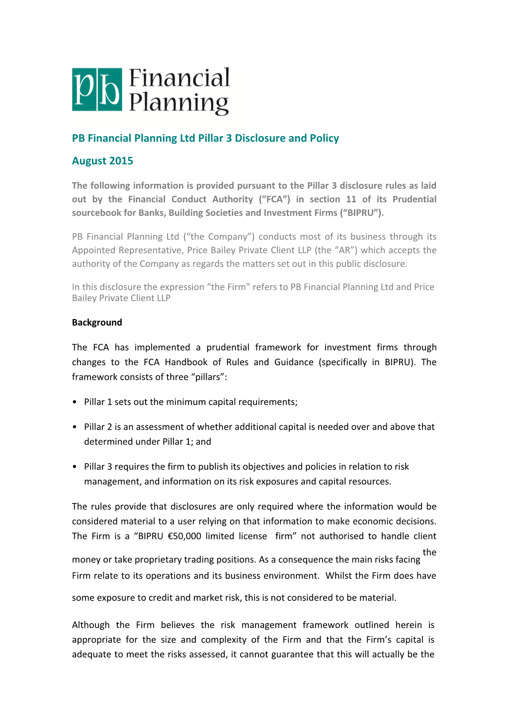 PB Financial Planning Ltd Pillar 3 Disclosure and Policy