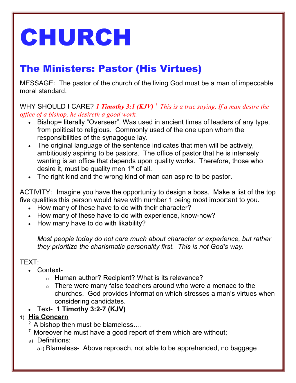 The Ministers: Pastor (His Virtues)