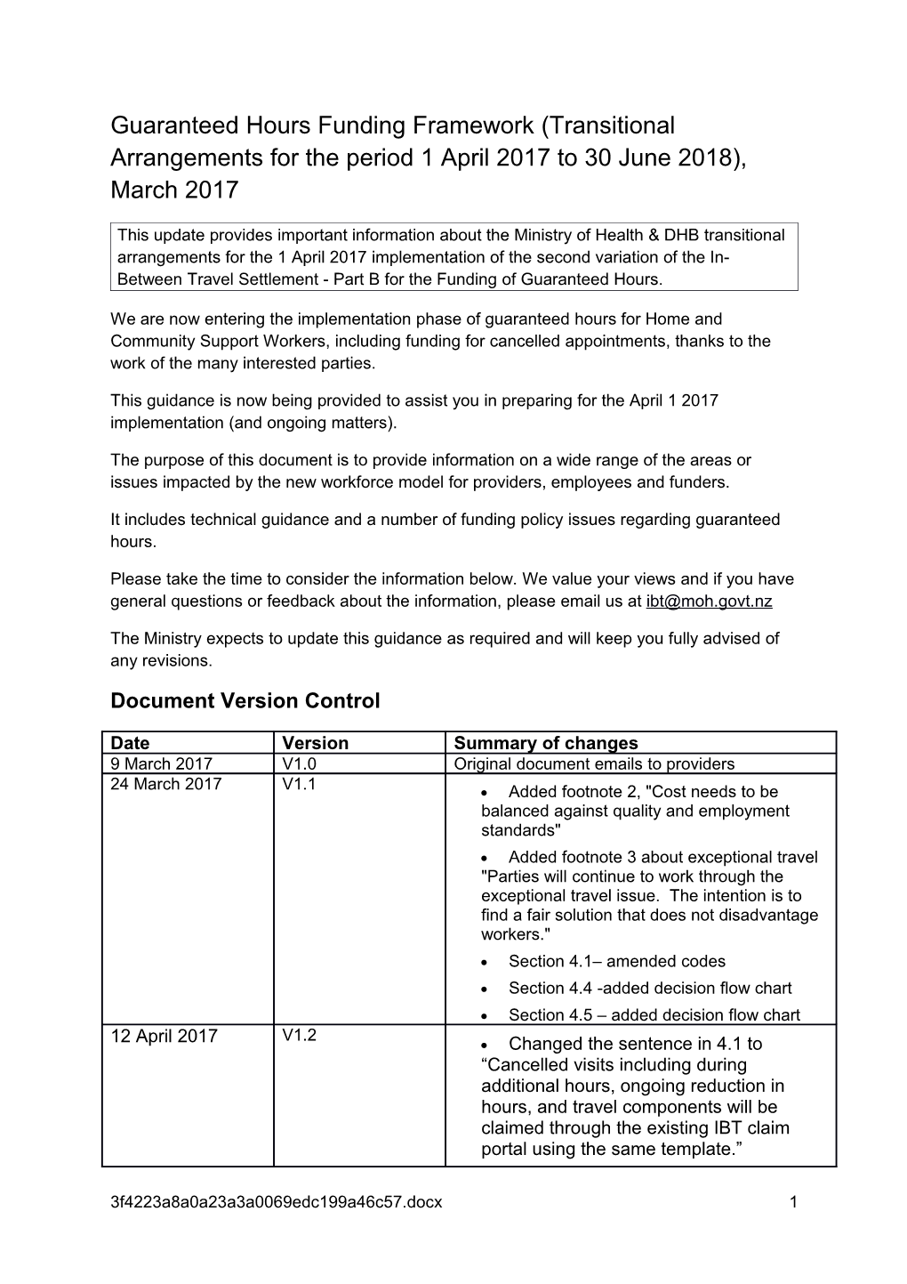 Min Guaranteed Hours Funding Framework (Transitional Arrangements for the Period 1 April