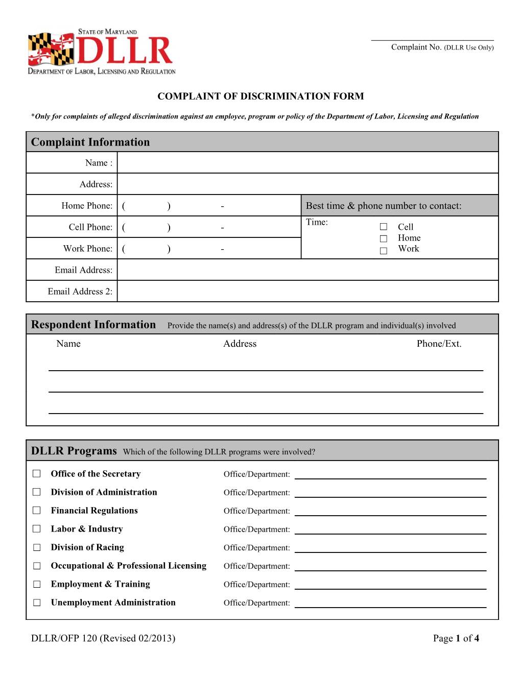 Complaint of Discrimination Form