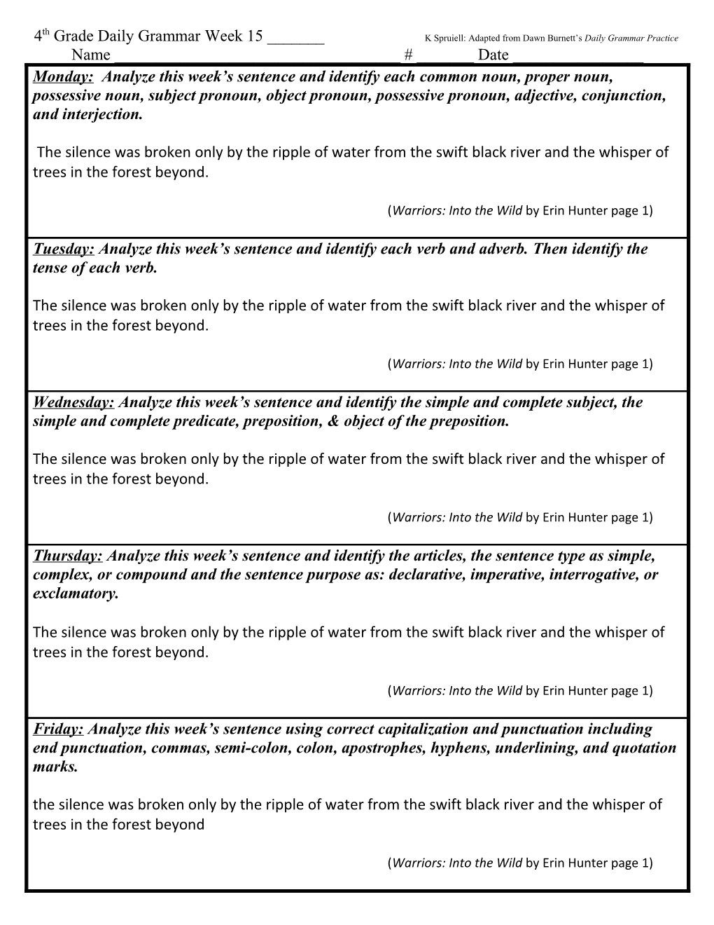 4Th Grade Daily Grammar Week 15 ______K Spruiell: Adapted from Dawn Burnett S Daily Grammar