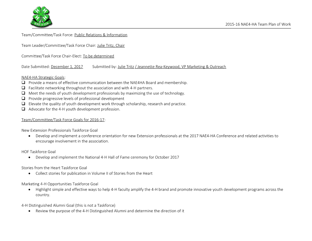 NAE4-HA Committee Plan of Work