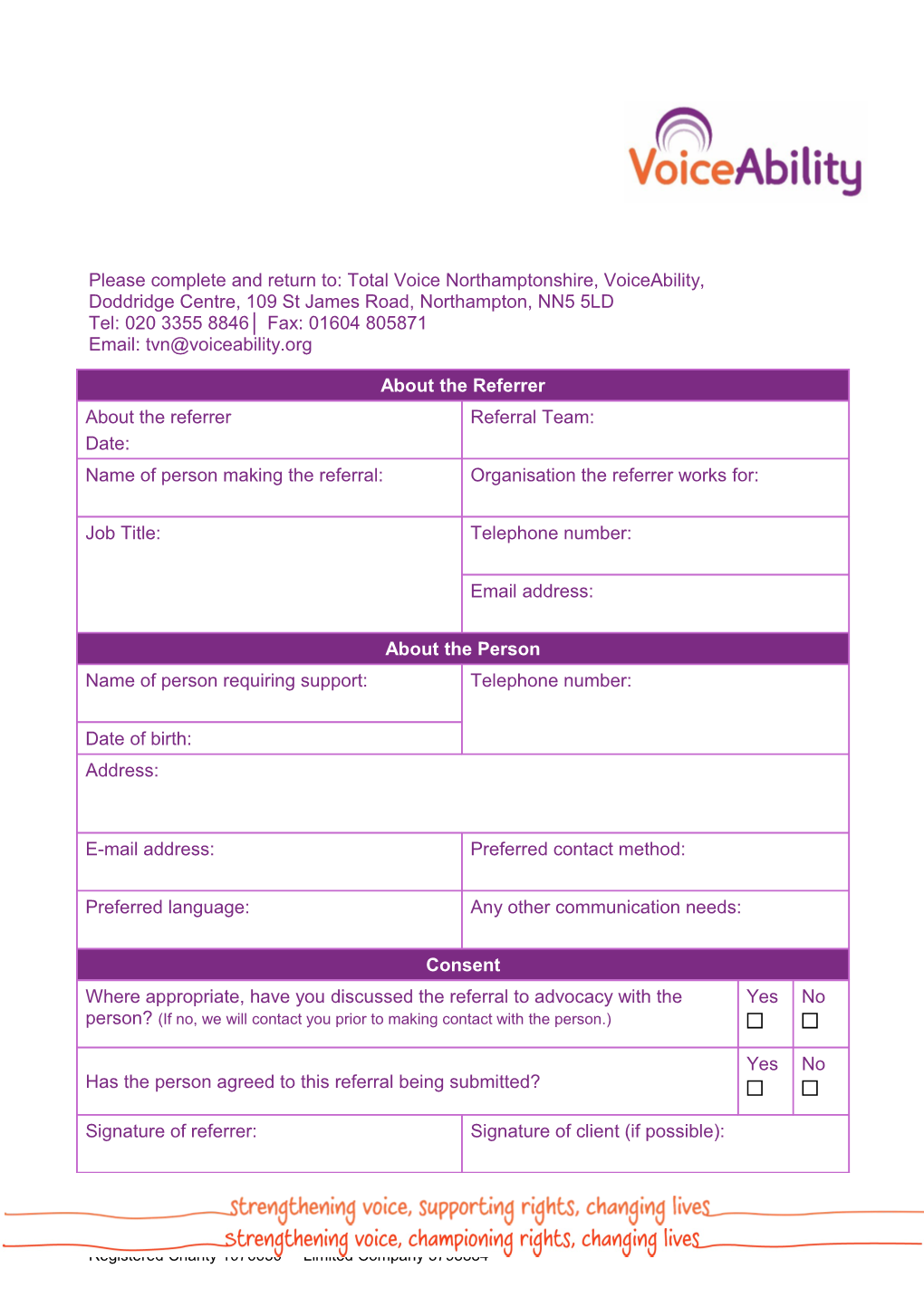 Please Complete and Return To: Total Voice Northamptonshire, Voiceability