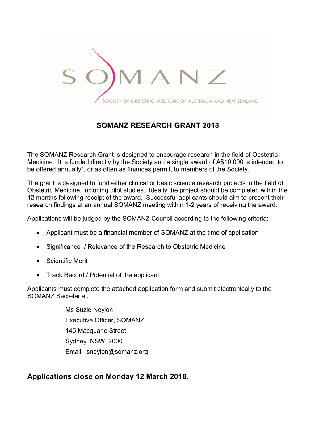SOMANZ Research GRANT 2018