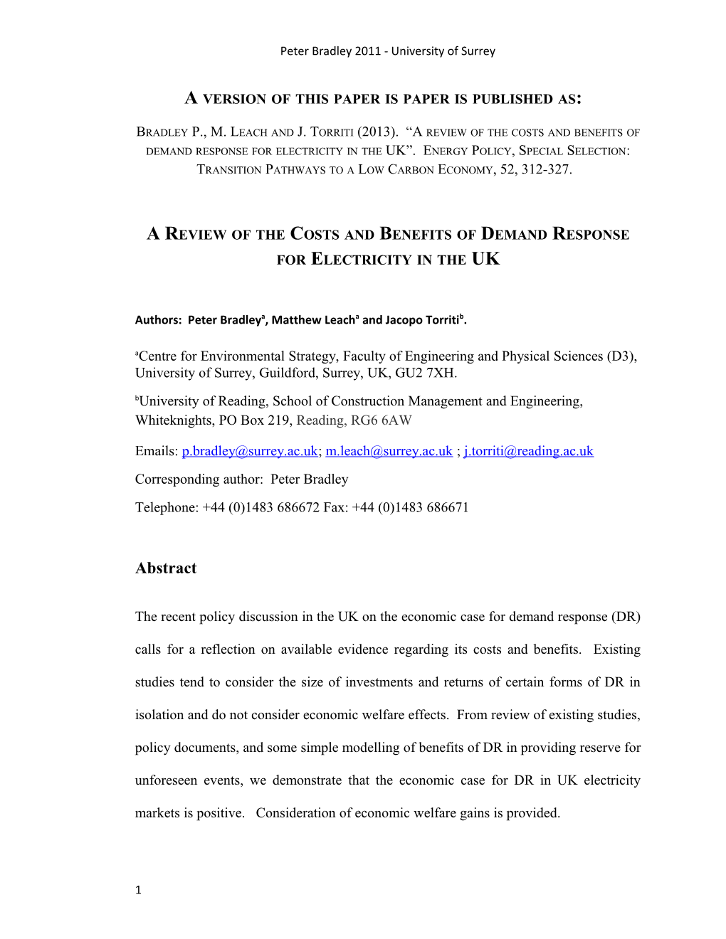 A Review of the Costs and Benefits of Demand Response for Electricity in the Uk