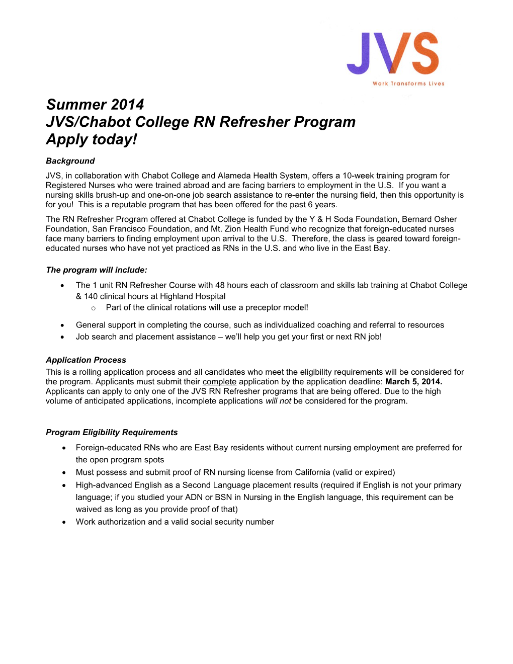 JVS/Chabot College RN Refresher Program