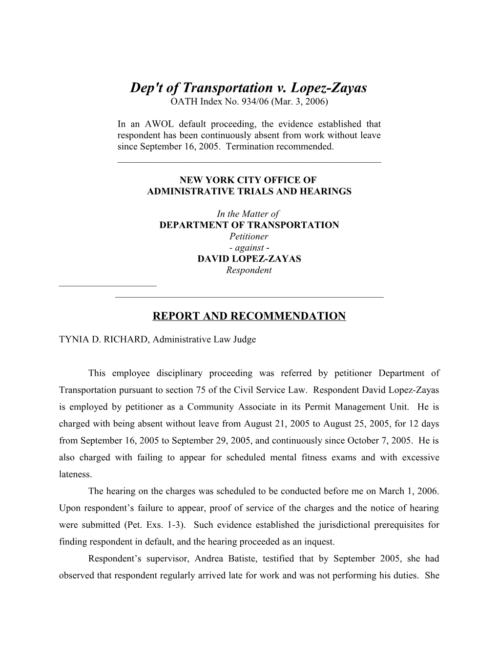 Dep't of Transportation V