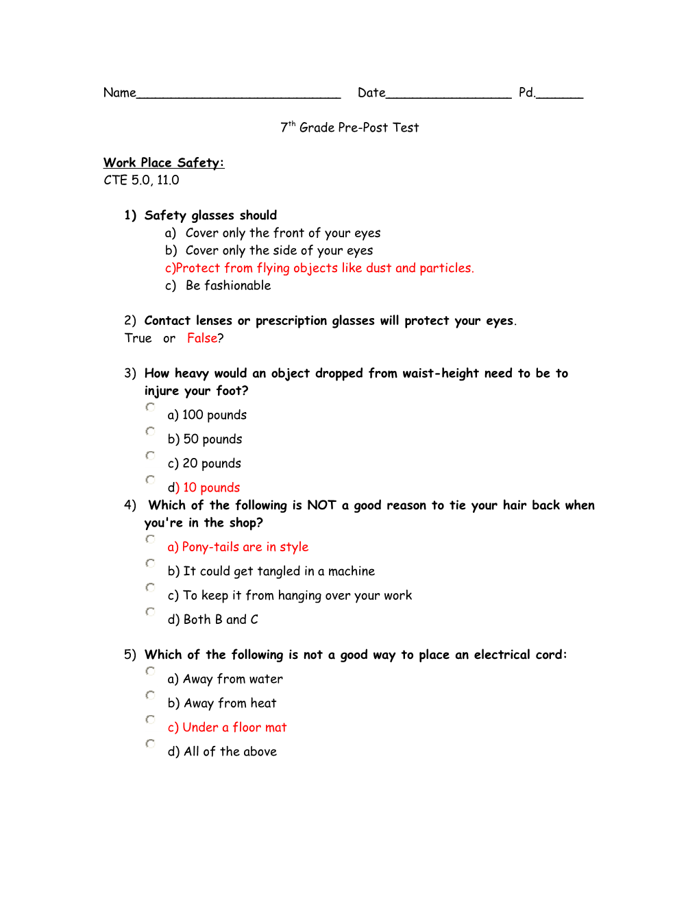 7Th Grade Pre-Post Test