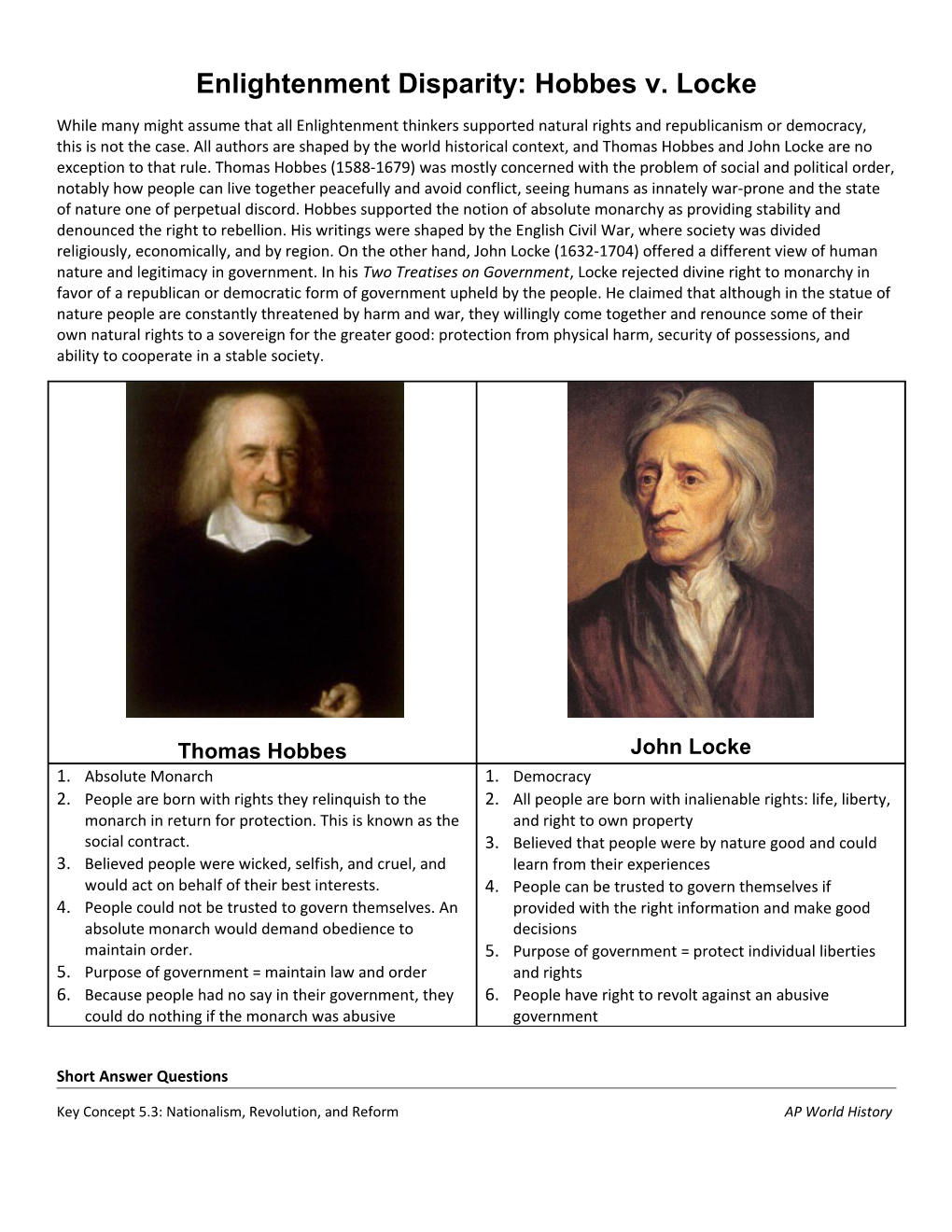 Enlightenment Disparity: Hobbes V. Locke