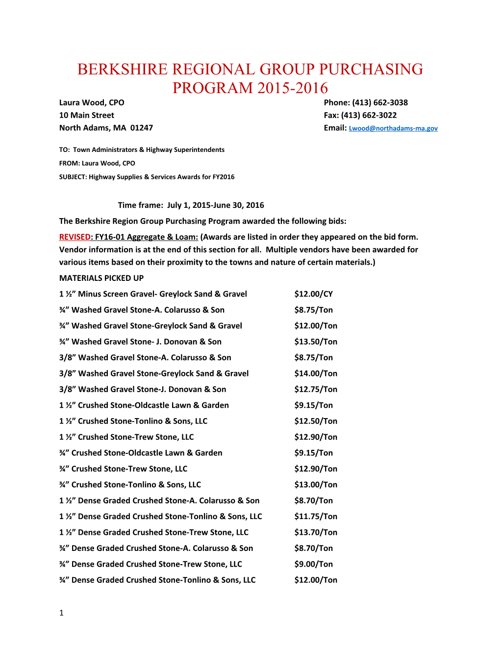Berkshire Regional Group Purchasing Program 2015-2016