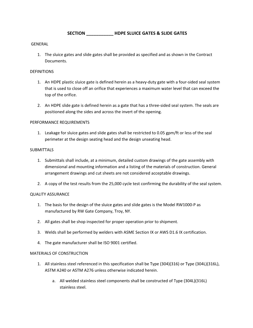 Section ______Hdpesluice Gates & Slide Gates