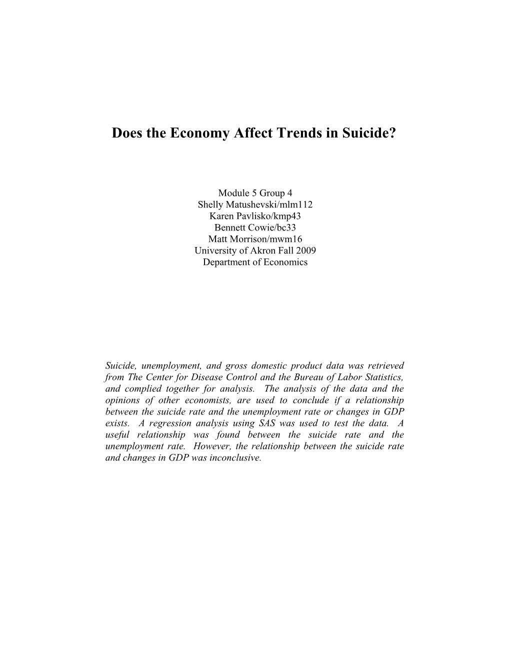 Does the Economy Affect Trends in Suicide?