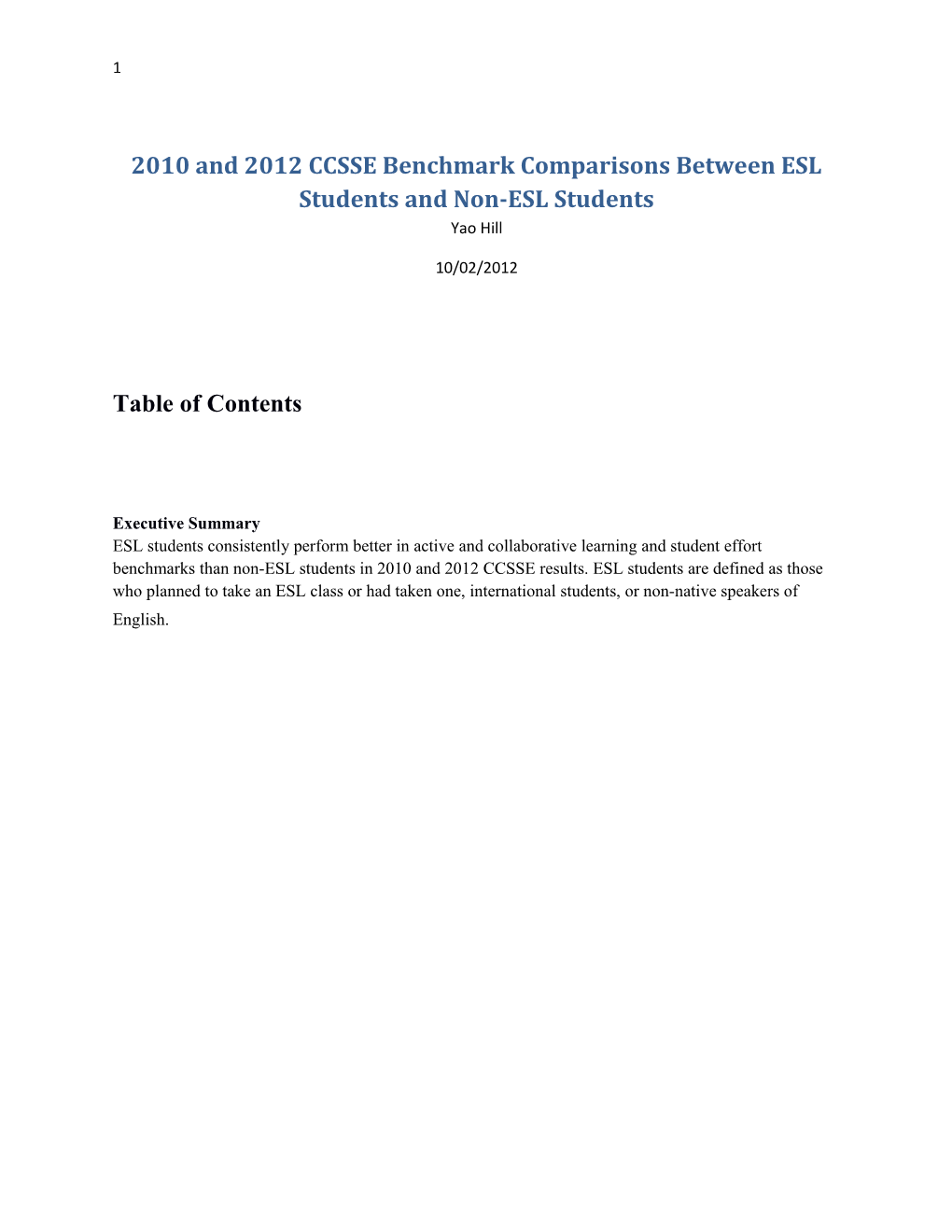 2010 and 2012 CCSSE Benchmark Comparisons Between ESL Students and Non-ESL Students