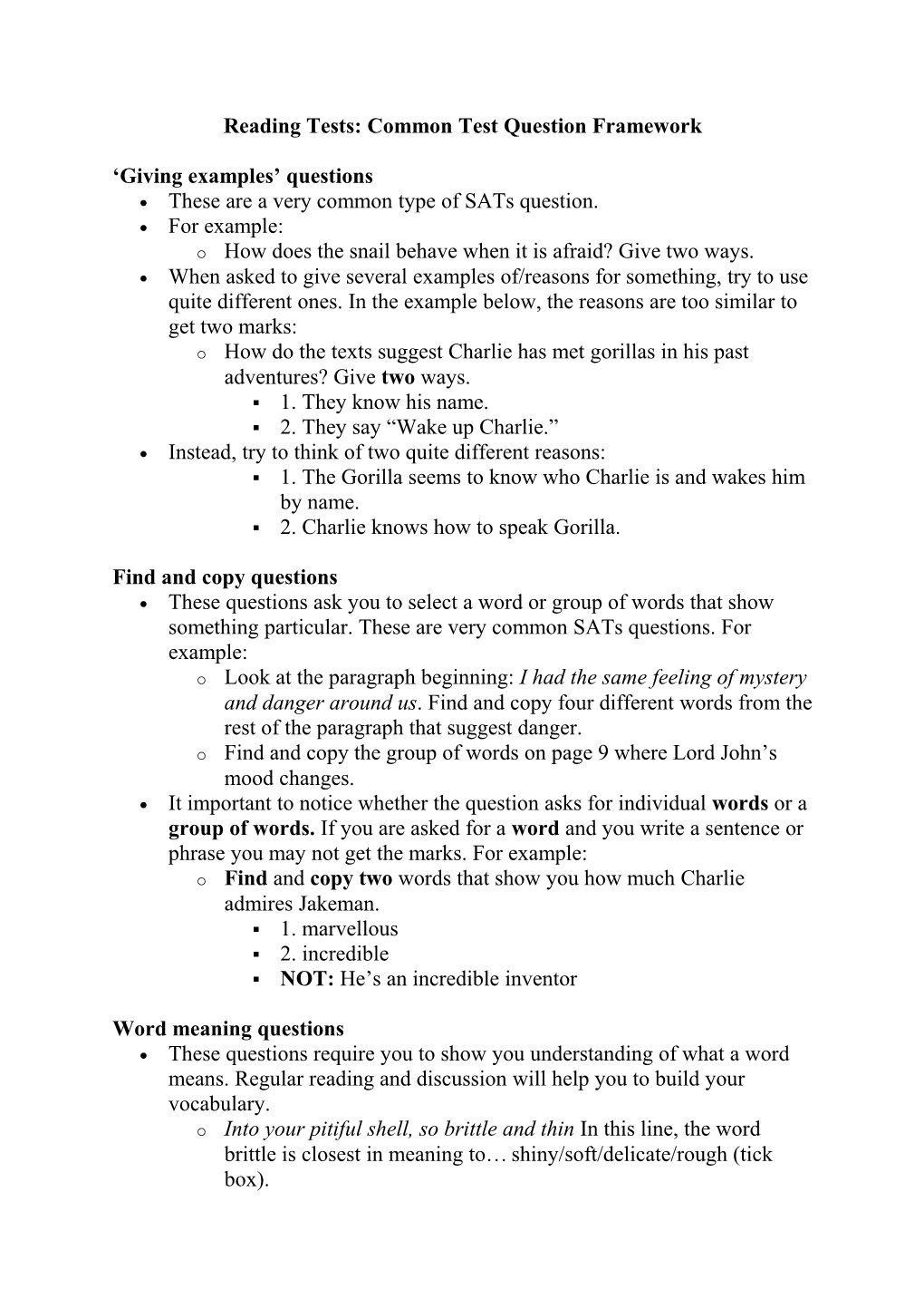 Reading Tests: Common Test Question Framework