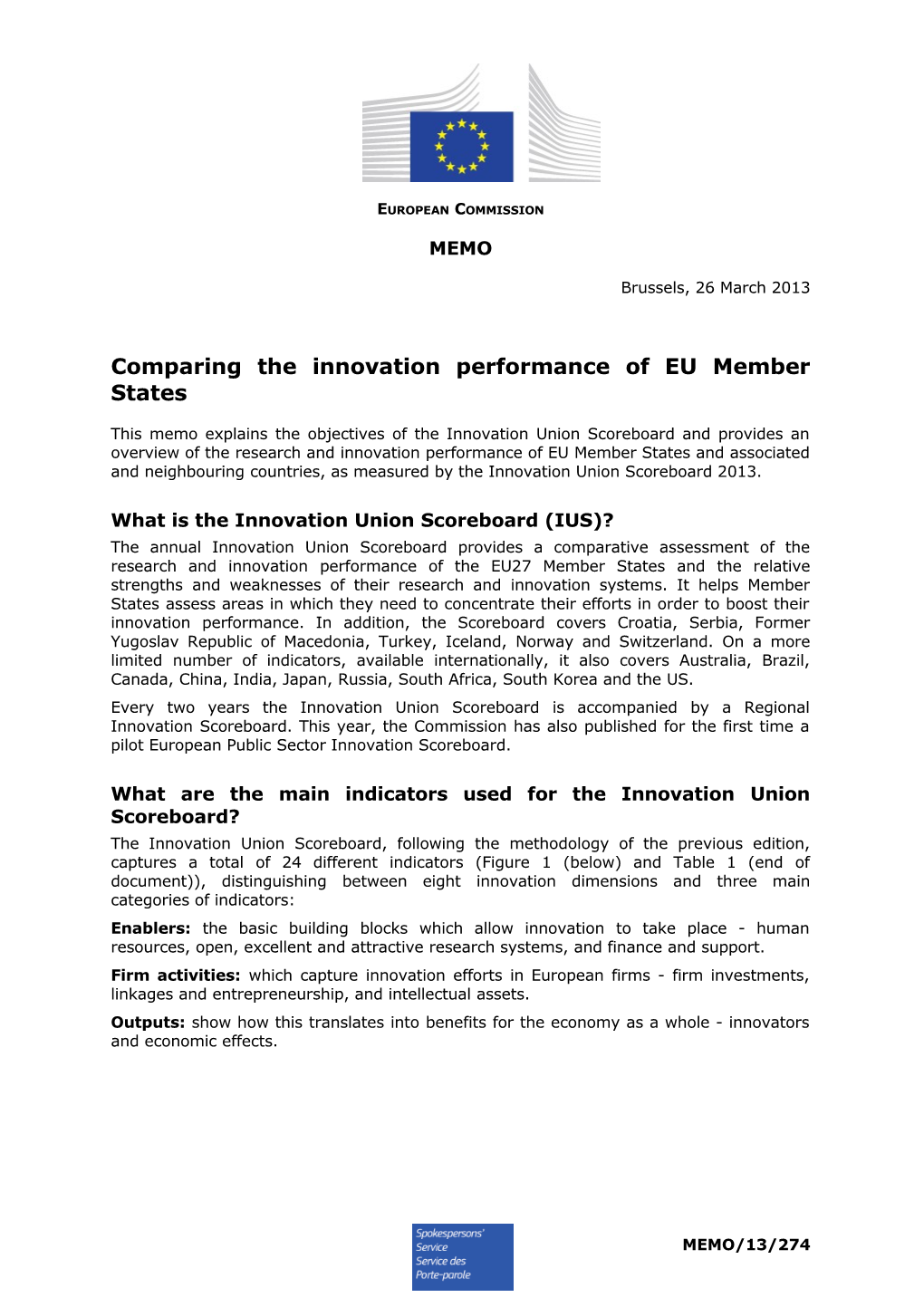 Comparing the Innovation Performance of EU Member States