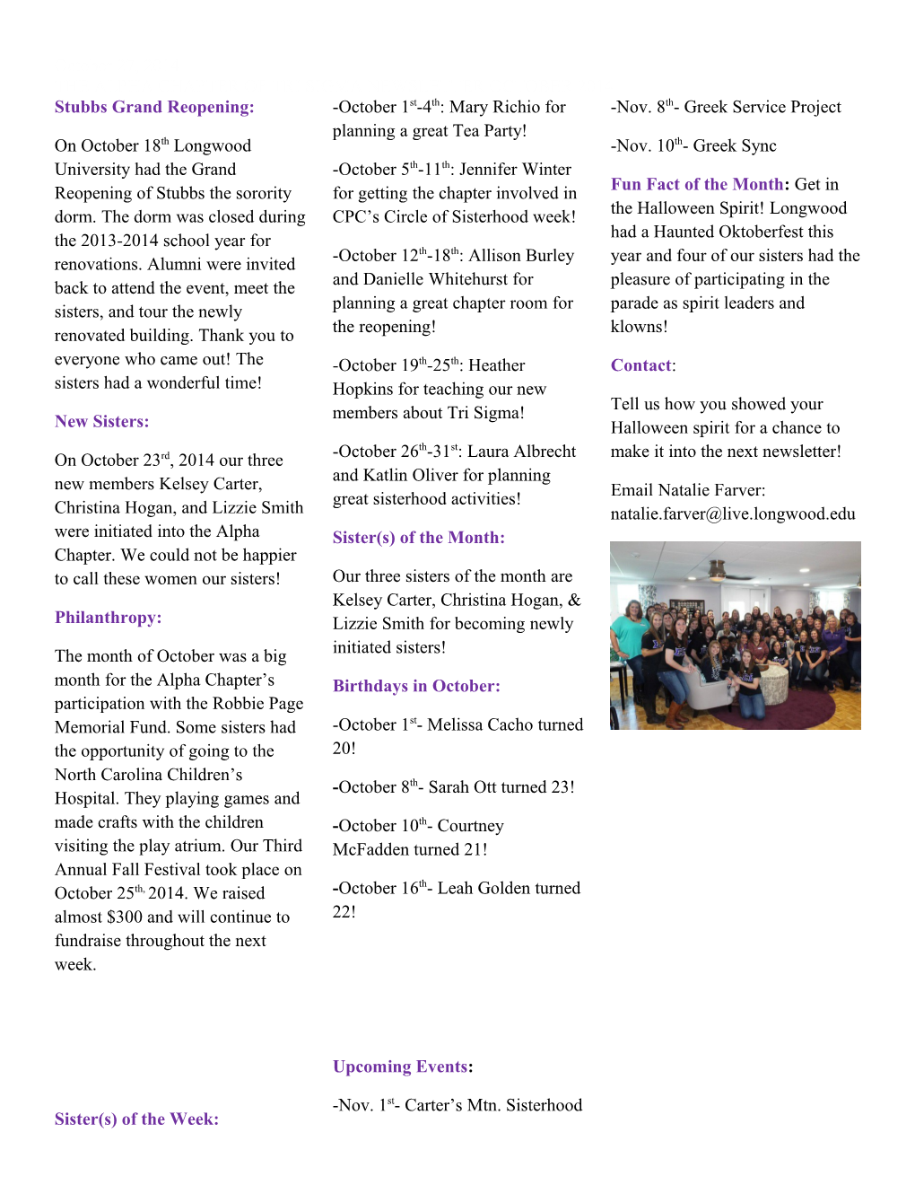 The Alpha Chapter of Tri Sigma Newsletter October 2014