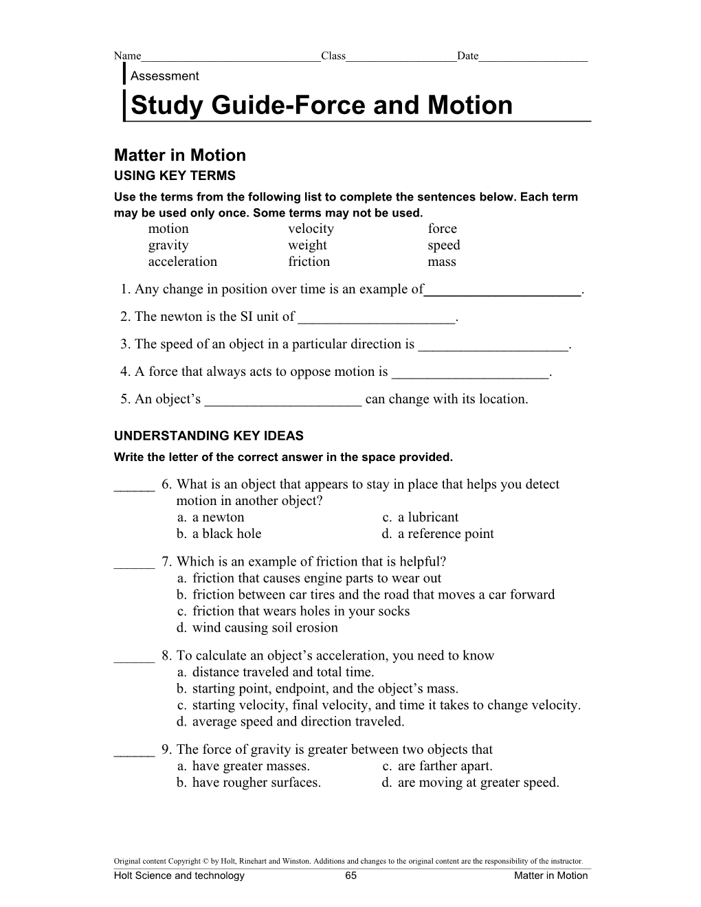 Study Guide-Force and Motion