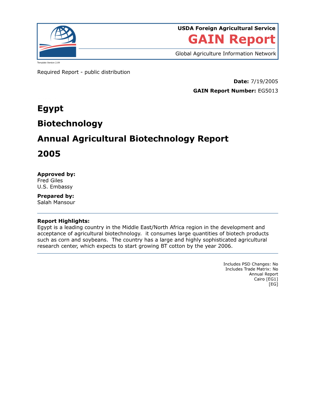 Annual Agricultural Biotechnology Report