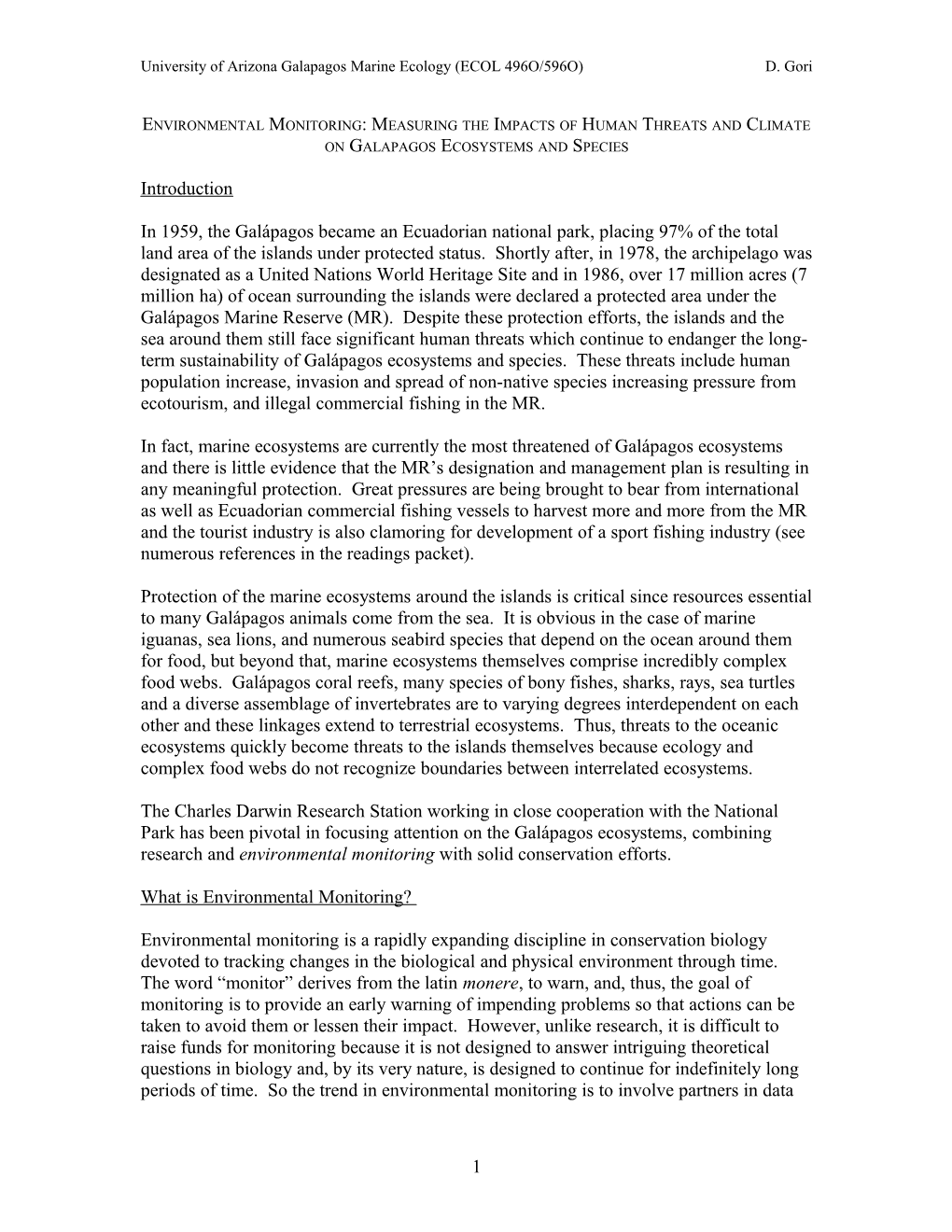 Environmental Monitoring: Measuring the Impacts of Human Threats and Climate on Galapagos