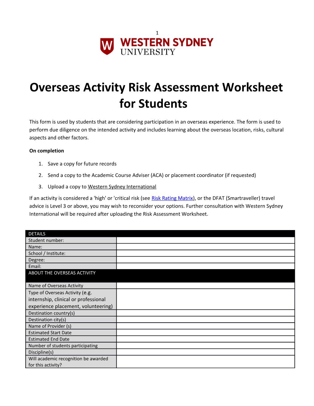 Overseasactivity Risk Assessment Worksheet for Students